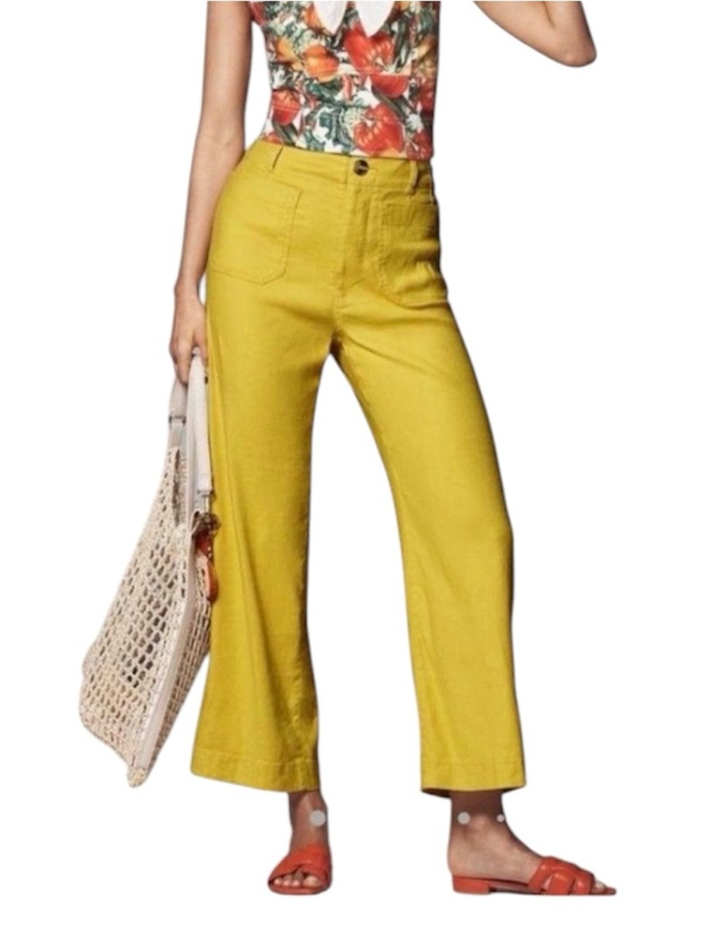Anthropologie MAEVE Colette Linen Blend High Rise Wide Leg Pants 27 Chartreuse